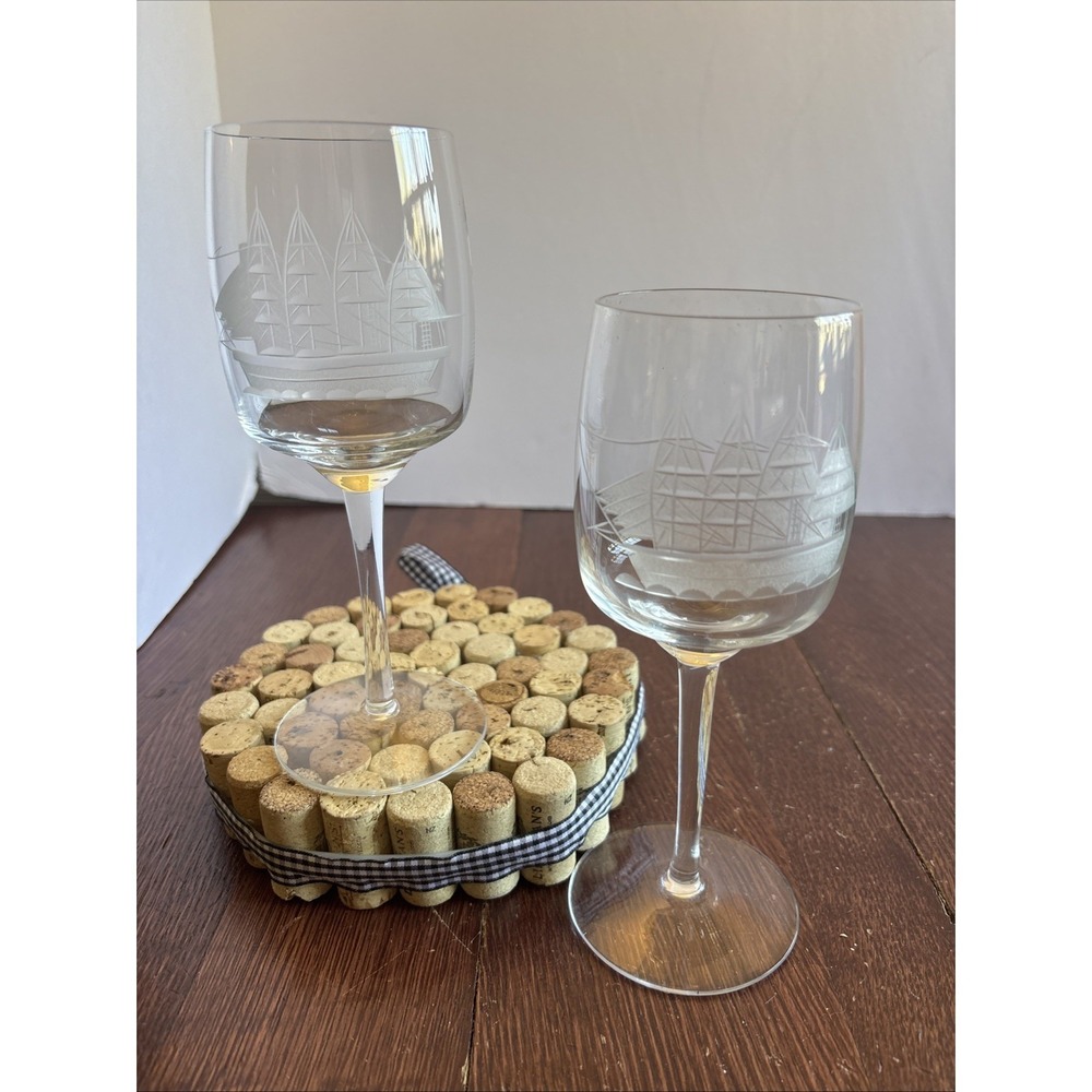 Vintage Toscany Romanian Crystal Wine Glasses with Tall Ship Etching
